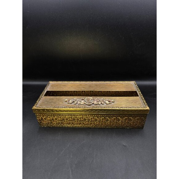 Decorative Brass Tissue Box With Rose Motif Vanity Beautiful Design 5x10.25 in - Picture 5 of 10